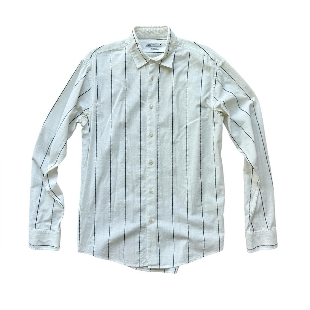 Zara Man Relaxed Fit Striped Shirt, Ivory- Size M
